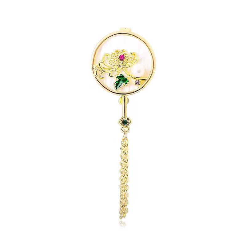 Chinese Style Natural Seashell Tassel Fan Brooch with Plum, Orchid, Bamboo, Chrysanthemum, Pearl Corsage, and Empty Setting