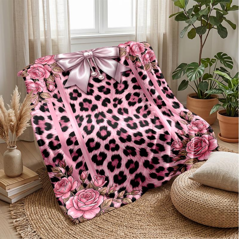 Pink Leopard Roses Bow Theme blanket Lightweight Warm Flannel Blanket Decorative Throw Blanket for Home Decoration