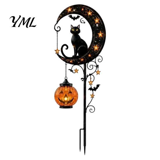 Outdoor Seasonal Decorations for Front Yard Solar Halloween Black Cat & Pumpkin Moon Garden Stake Light, Waterproof on Easy Install Ground Insert