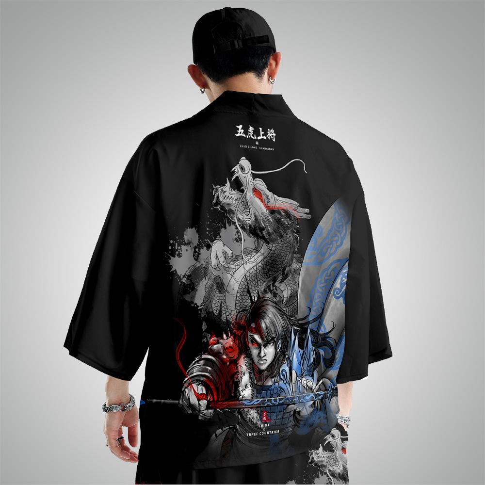Кимоно-кардиган с принтом китайского аниме, мужской традиционный японский повседневный свободный тонкий комплект из пальто и брюк, азиатская одежда Harajuku