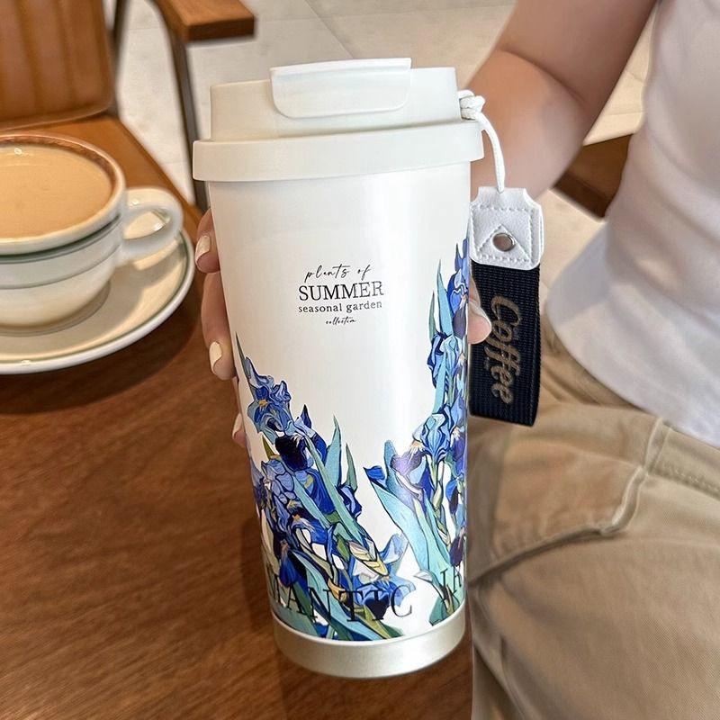 Van Gogh Inspired Insulated Stainless Steel Travel Mug Women Double Drink Cup With Tea Strainer Floral Design Gift