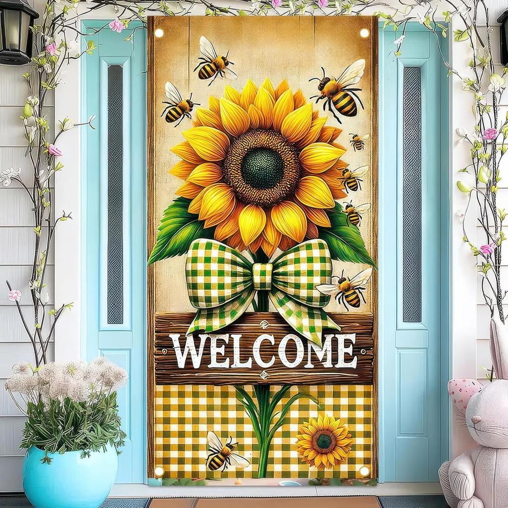 Spring Sunflower Door Cover Welcome Spring Decorations Theme Party Photo Background Bee Flower Bow Backdrop Photography 35 x 70 in Spring Party