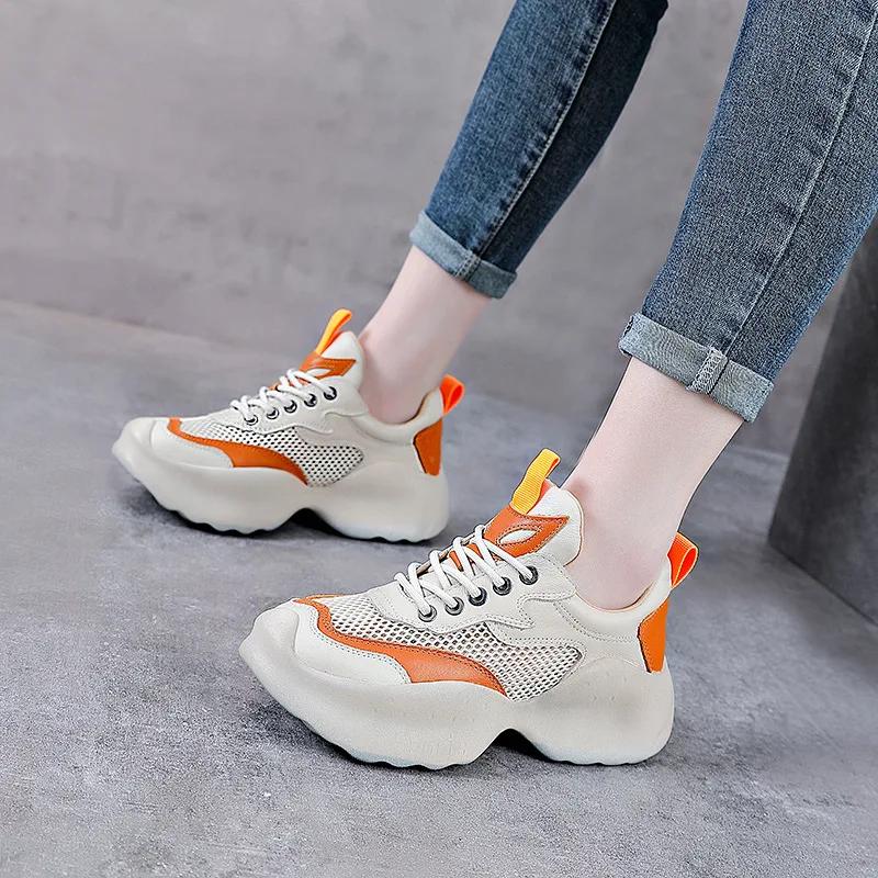 Fujin 5cm Breathable Women Summer Mixed Color Ankle Boots Flats Shoes Air Mesh Genuine Leather Chunky Sneaker Comfy Booties