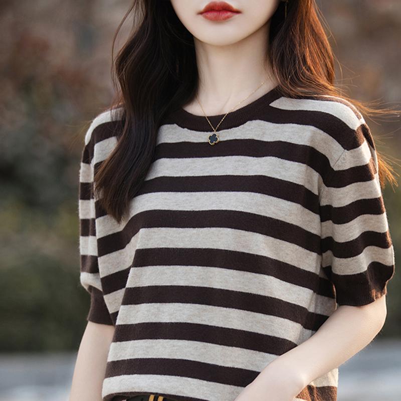 Women Knit T-shirt MODERN NEW SAGA Summer Knitted Shirt Striped Short Sleeve Tees O-neck Pullover Knit Tops