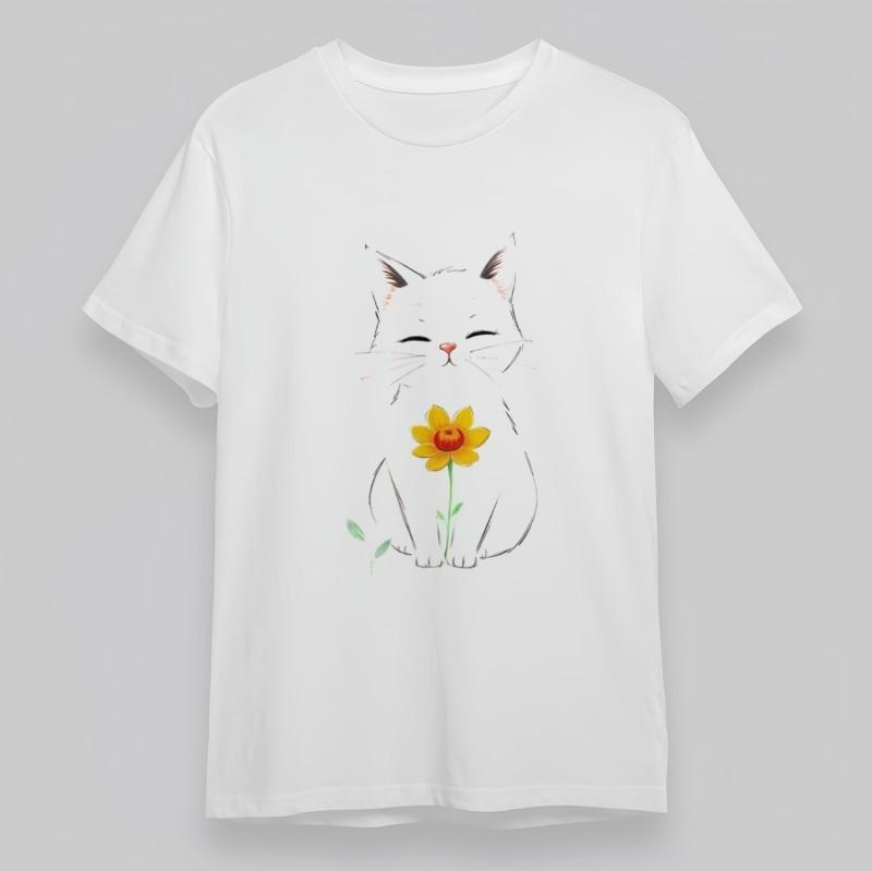 Women's Oversize Soft Comfy Classic T-Shirt Cute Cat with Sunflower Graphic Tee