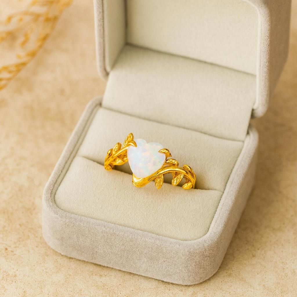 Кольцо-веточка с опалом в форме сердца – Кольцо-лоза с листьями – Романтическое украшение с камнем октября – Позолоченное кольцо из стерлингового серебра 925 пробы – Подарок
