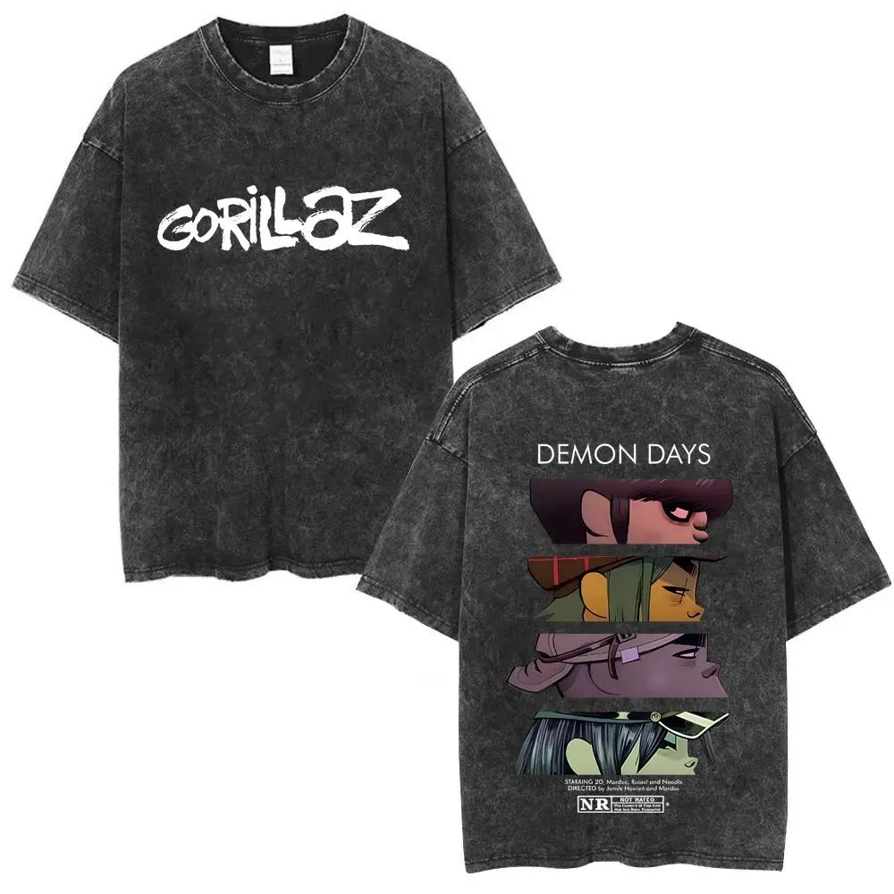 Gorillaz Виртуальная группа Двусторонняя графическая печать Винтажная стирка Оверсайз Уличная футболка