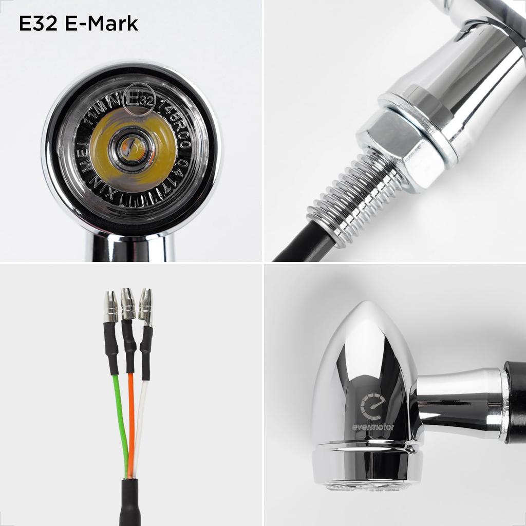 Evermotor Chrome CNC 12V 2pcs Mini Bike LED Turn Signal Lights IP67 Waterproof Amber White E-Certification &