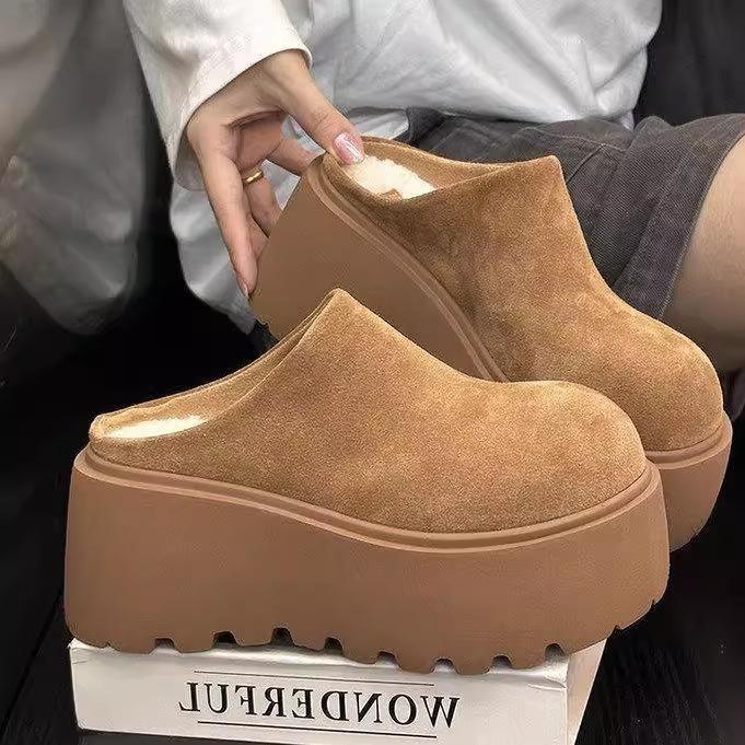 Muffin Thick-Bottomed Bag Head Half Slippers For Women To Wear Autumn Retro Leather Versatile Small Height-Increasing Hair Slippers