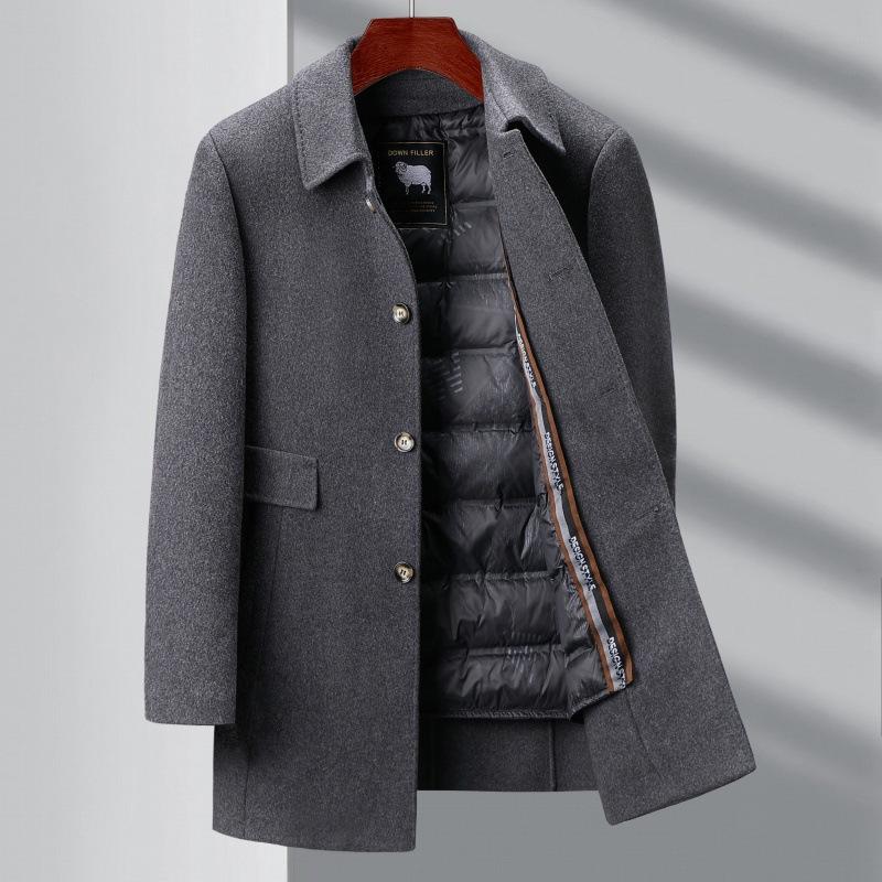 Новое зимнее кашемировое пальто средней длины для мужчин, на подкладке из пуха, шерстяное пальто, топ для папы среднего и пожилого возраста