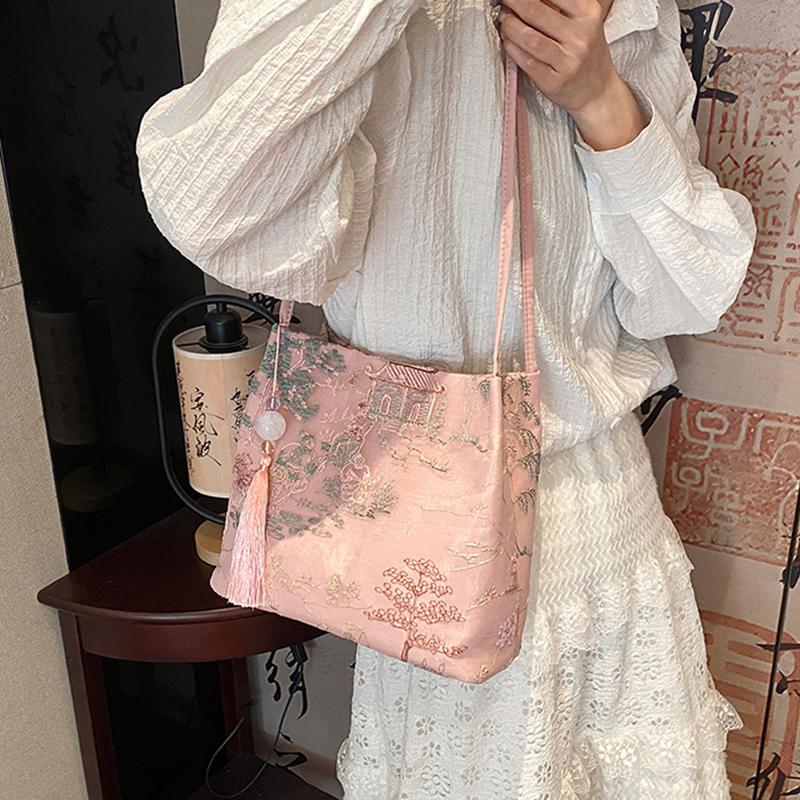 New Chinese Style Retro Bag Silk Jacquard Fashionable Minimalist Bag Shoulder Diagonal Cross Women's Shopper Totes AVE