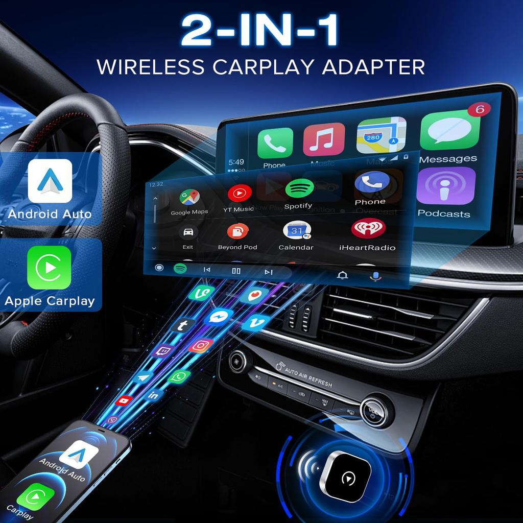 2-in-1 Wireless Android Auto Adapter, Plug Play Converts Wired To Wireless, Fast Auto-Connect, No Delay