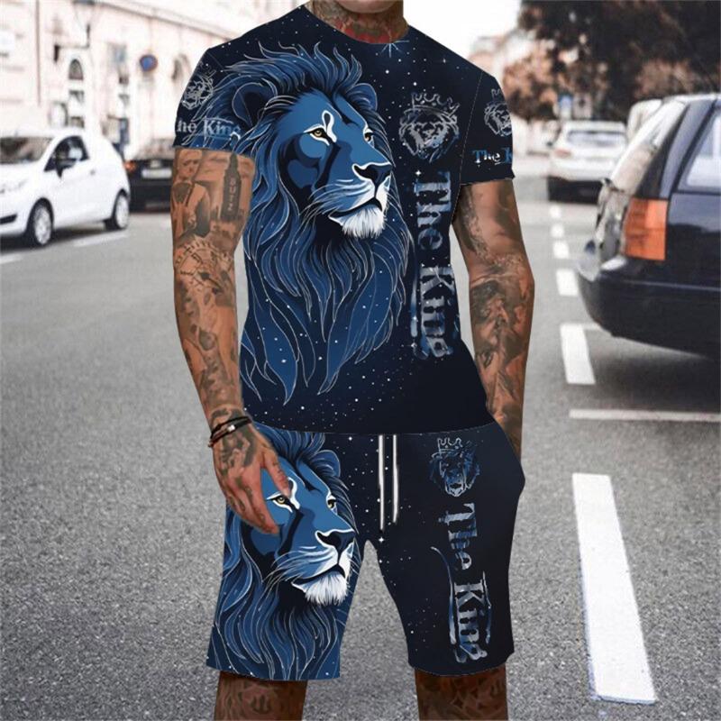 Комплект мужских футболок с принтом «Король Лев» 3D, летняя футболка с короткими рукавами и круглым воротником 2024 года, повседневный комплект мужской одежды для активного отдыха в стиле 3D