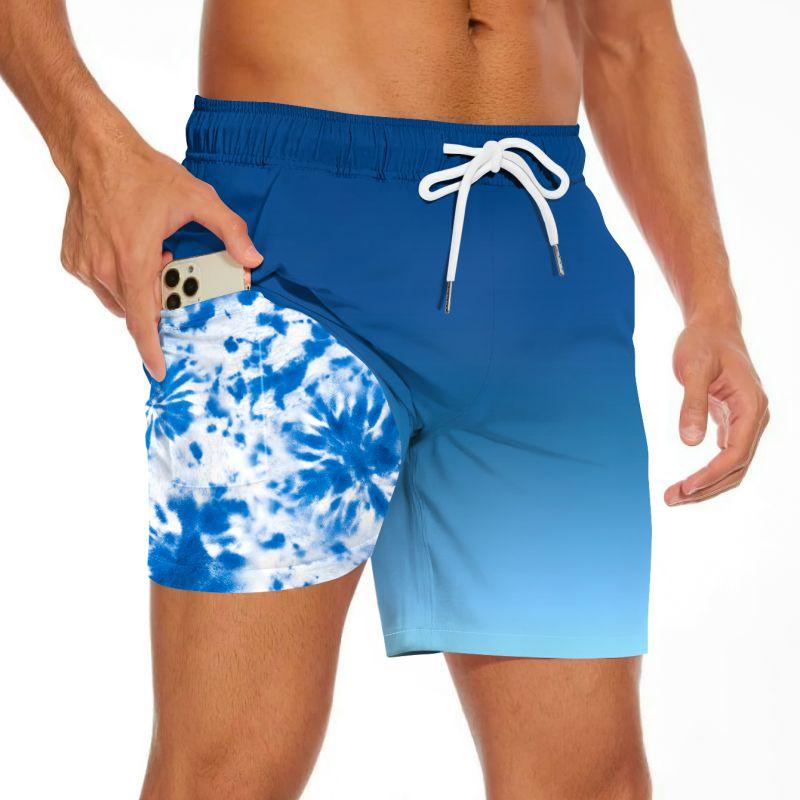 Men's Summer Double-layered Shorts Drawstring Swim Trunks Beach Printed Swim Pants with Pocket