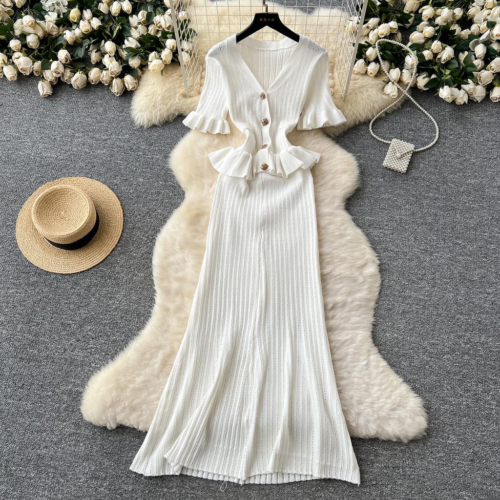 Ретро вязаный свитер с оборками, сексуальный однобортный, элегантный, А-силуэт, длинное вечернее платье макси, женская мода, летняя одежда