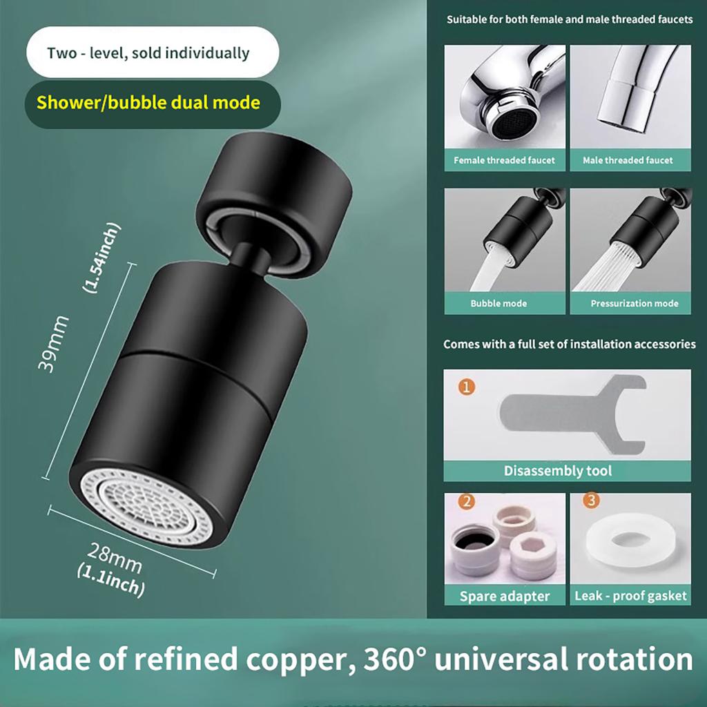Copper Faucet Splash Guard - 360° Adjustable Angle, Universal Thread Adapter with Silicone Gasket, Anti-Leak