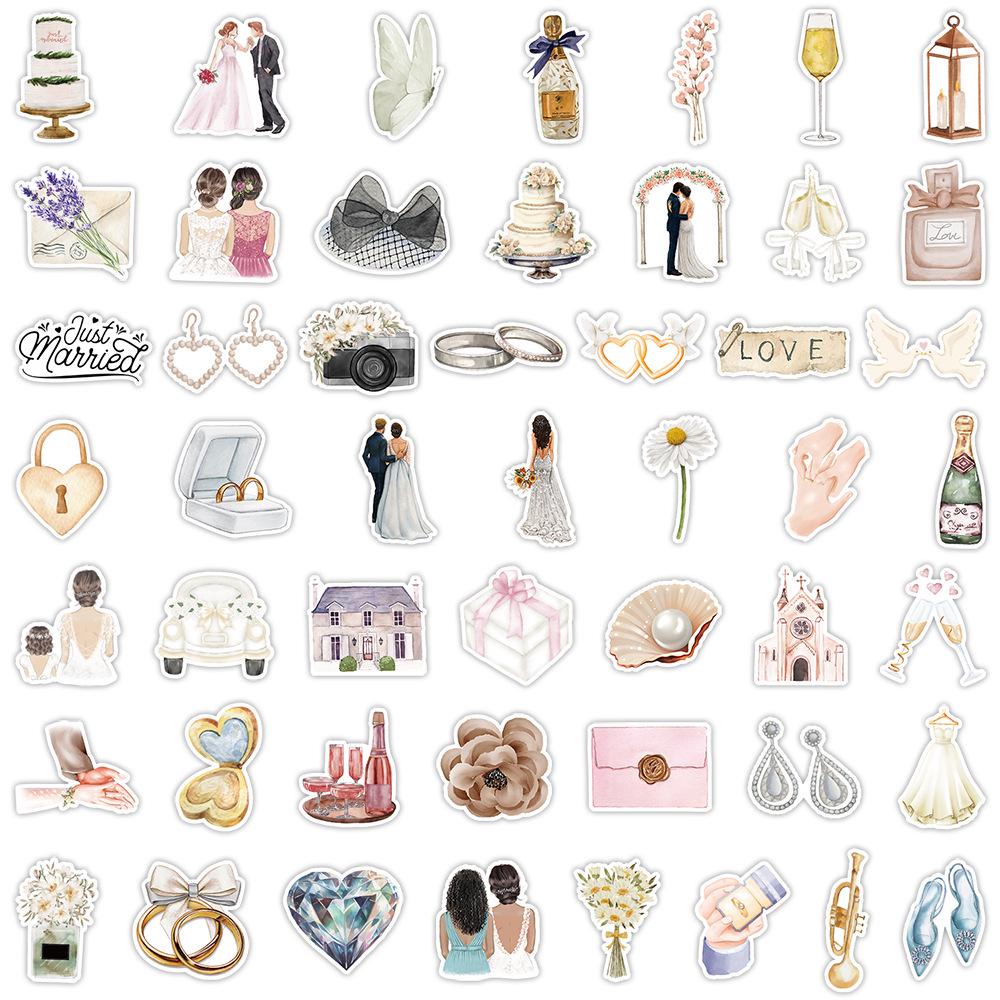 50 Watercolor Wedding Doodle Stickers - Waterproof Decorative Set for Water Bottles & Computers