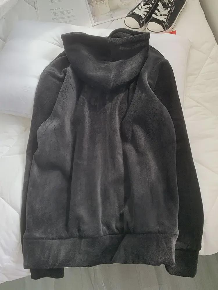 Женская плюшевая утолщенная розовая толстовка с капюшоном - повседневная куртка с длинными рукавами в корейском стиле на молнии для осени и зимы