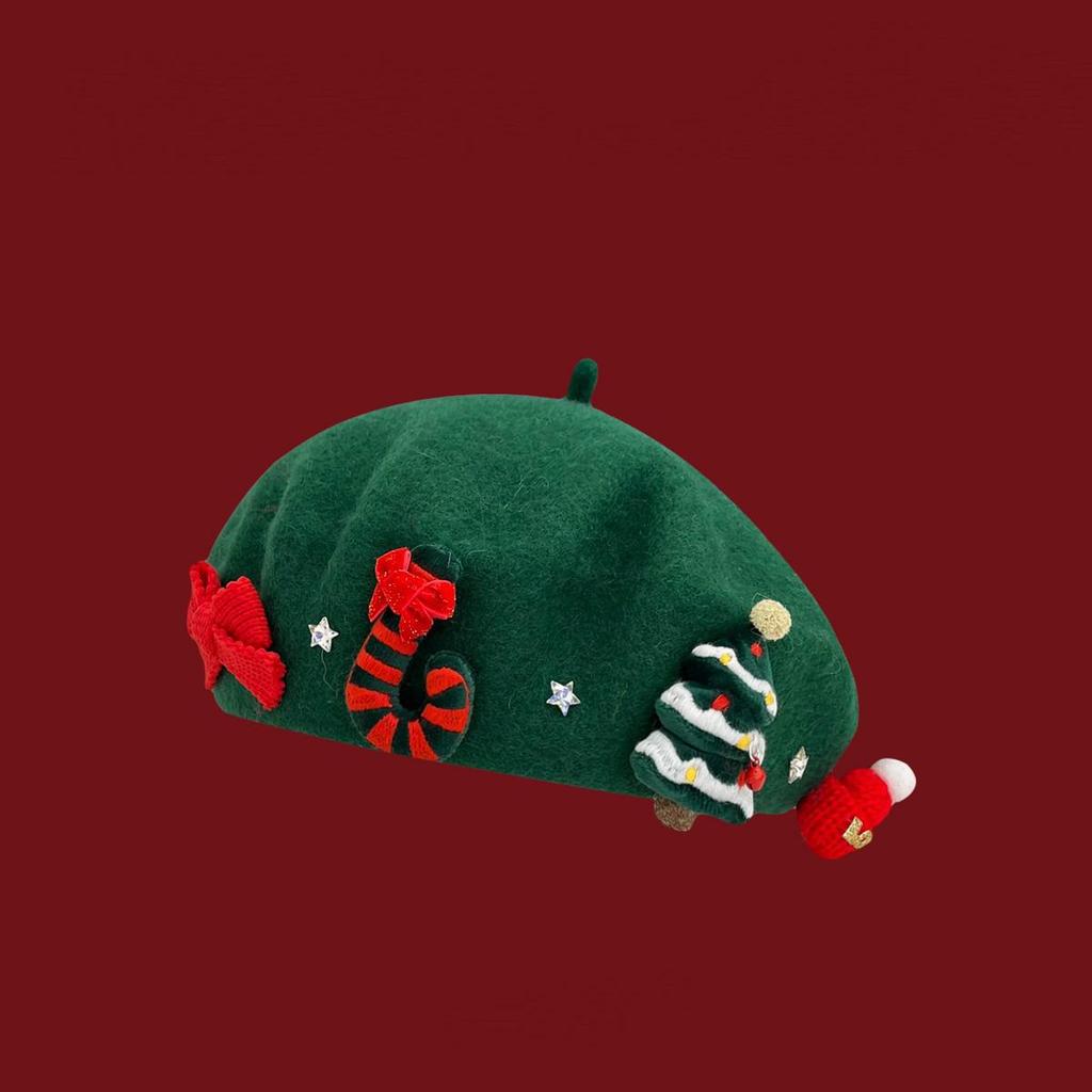 Christmas Beret Hat for Women, Vintage Artist Painter Cap with Santa Reindeer Bow Embroidery, Warm Autumn Winter Holiday Party Newsboy Beret