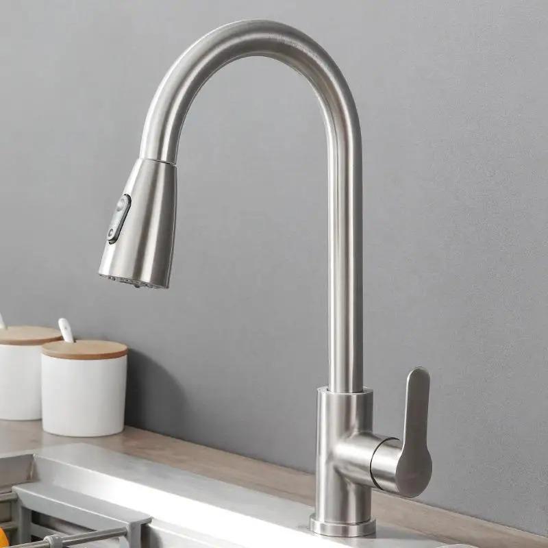 Матовый кухонный смеситель из нержавеющей стали с одним отверстием, выдвижной излив, смеситель для кухонной мойки, распылительная головка