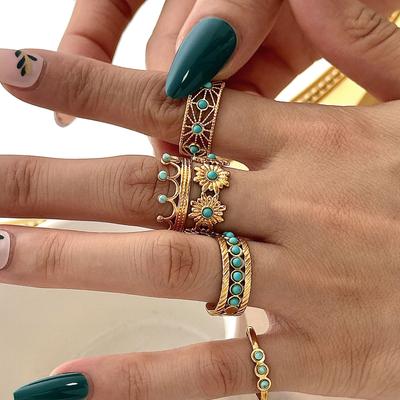 Кольцо из нержавеющей стали, Вакуумное покрытие 18K золотом, Цветок бирюзы, Корона, Открытый браслет