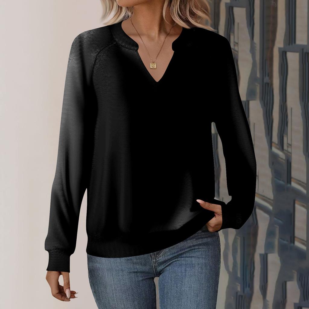 Женская повседневная толстовка с длинным рукавом и V-образным вырезом, однотонный свободный пуловер