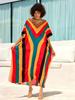 2024 Colorful Striped Printed Plus Size V-neck Bat Sleeve Kaftan Women Boho Beach Dress Cozy House Robe Swimsuit Cover Up