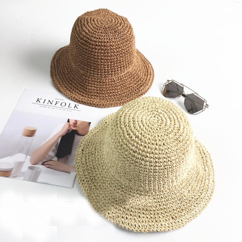 Women's Foldable Hand-Crocheted Straw Beach Hat with Rolled Brim
