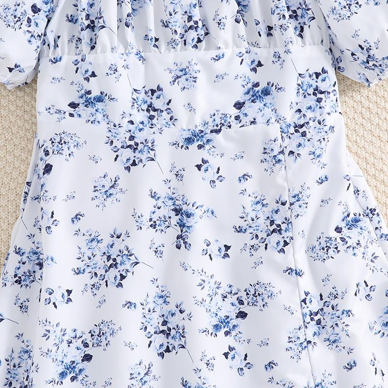 Популярная летняя детская одежда для детей 8, 9, 10, 11, 12 лет, синие платья с цветочным принтом, платье принцессы с короткими рукавами для девочек