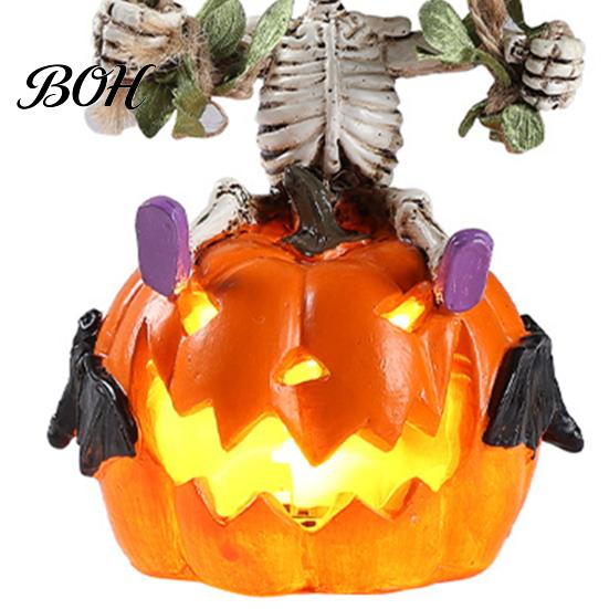 Halloween Skeleton Ornament Swing with Lighted Pumpkin, Light-up Ornament, Figurine Hanging Statue for Indoor Front Porch Decor Resin Bone