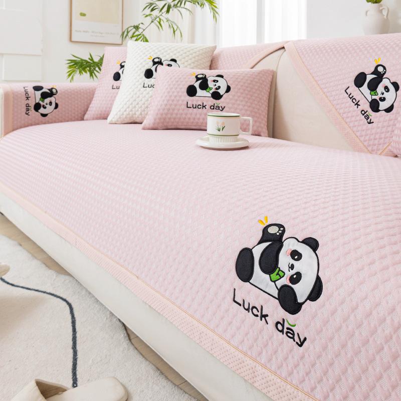 Summer Ice Silk Sofa Cover Panda Embroidered Cartoon Couch Cushion Home Decor Settee Cushion Solid Color Cool Feeling Sofa Cover