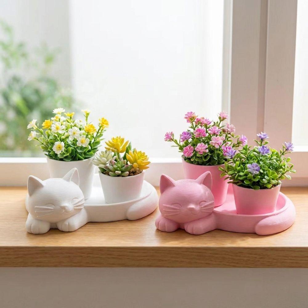 3D Printed Cat-Shaped Flower Pot Cute Animal Mini Potted Plant Jewelry Tray  Indoor/Outdoor Use