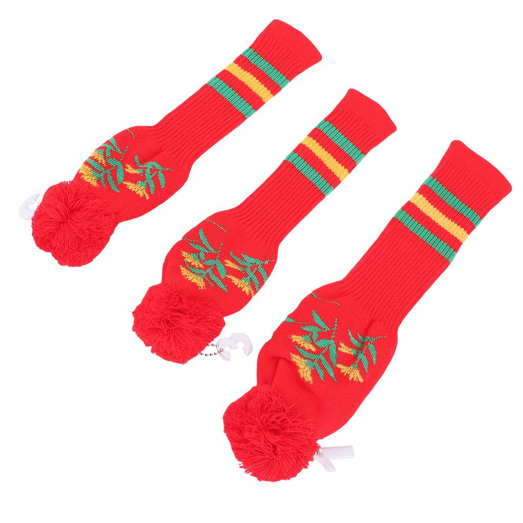 3pcs Knitted Club Head Covers Set with Long Neck Pom Pom Decoration Soft Club Head Protector Snug Fit Red
