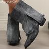 Модные ковбойские женские высокие сапоги с острым носком, зимние дизайнерские туфли на толстой подошве до середины голени, женские зимние сапоги 2024 года, готические женские ботинки