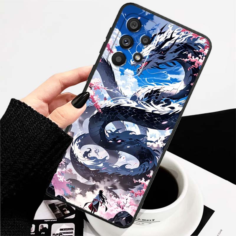 Дизайн с драконом в стиле аниме для Samsung A73 A72 A71 A55 A54 A53 A52 A51 A13 A22 A16 A15 A12 A14 A26 A07 5G Черный чехол для телефона