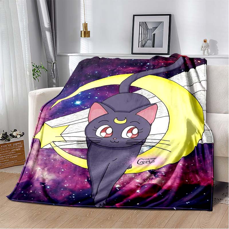 Anime Sailor Moon Artemis Cat Flannel Blanket, Blue Star Sky Wink Cat Throw Blanket