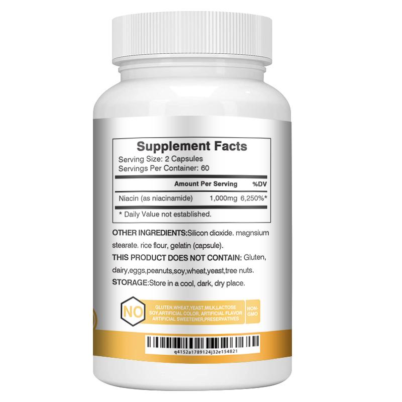 High-concentration niacinamide (vitamin B3) formula, 1000 mg - non-GMO, gluten-free, suitable for both men and women.