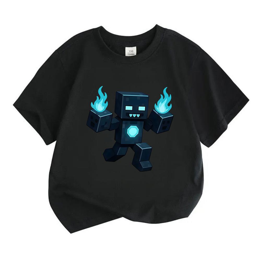 Kids Boys Girls Crew Neck Short Sleeve 100% Cotton T-Shirt, Cool Pixel Blue Fire Robot Print Casual Tees for Daily Wear, Cute Block Character Pattern