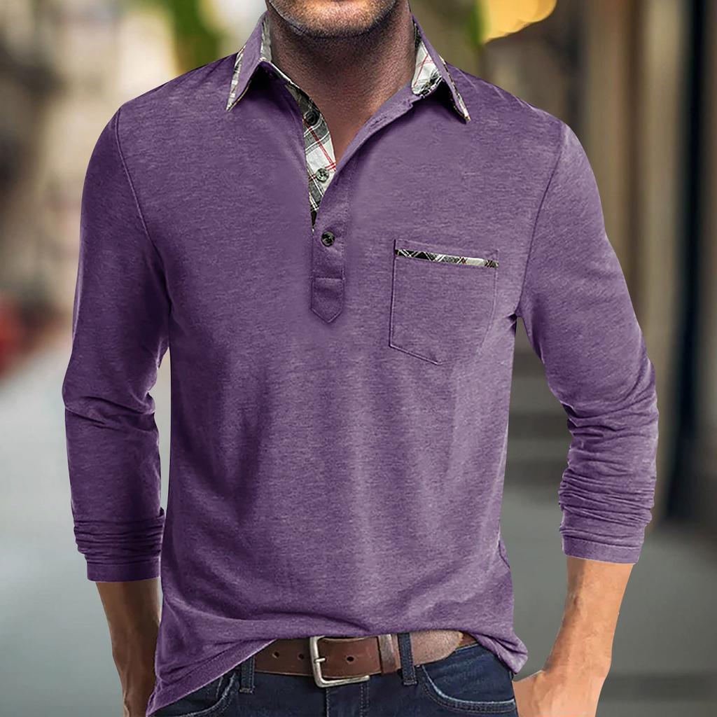 Мужская весенне-осенняя однотонная футболка с лацканами, 3 пуговицы, открытая планка и пуговицы, топ с длинными рукавами