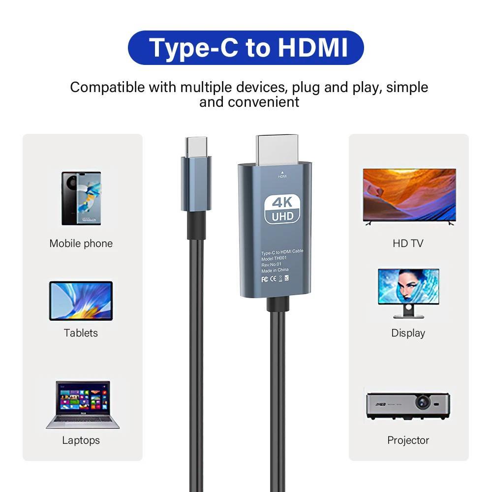 FONKEN Type-C 3.1 To HDMI 1.4 Cable 4K 30Hz HD TV Cable Adapter High Speed Projection Cable For Phone Tablet MacBook