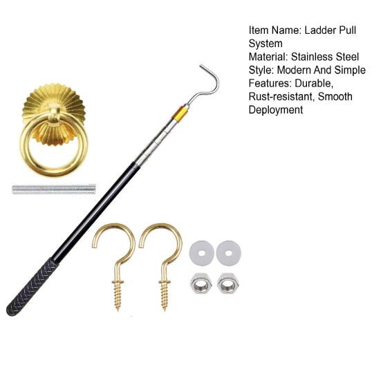 Комплект для подъема лестницы. 64-дюймовая телескопическая система подъема лестницы на чердак. Комплект крюков для подъема лестницы из нержавеющей стали для тросов.