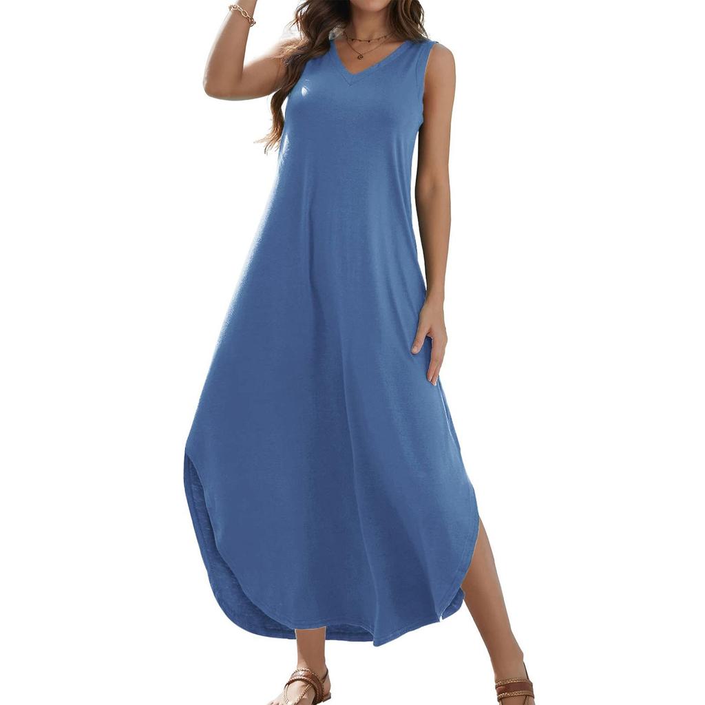Women's 2024 Summer Casual Loose Sundress Long Dress Solid Color Sleeveless V Neck Split Tshirt Maxi Dresses