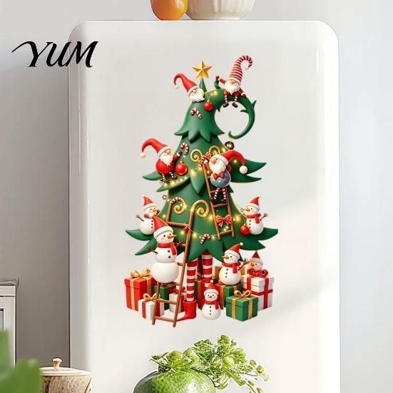 Easy Apply Christmas Window Film Tree Stickers with Gnome And Snowman, Removable Glass Stickers, PVC Durable Holiday Art Waterproof Wall Decor