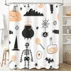 Halloween-themed Bathroom Shower Curtain with Black Witch Hat Patterns, Candy Bottles, Bat Stars, Skeleton, Spider Web Design Fo