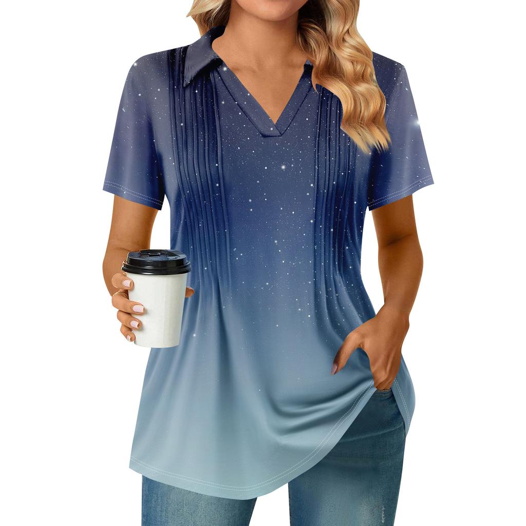 Женские футболки с коротким рукавом, плиссированные, с V-образным вырезом, с принтом, с воротником, летние топы, модные, деловые, повседневные, рабочие