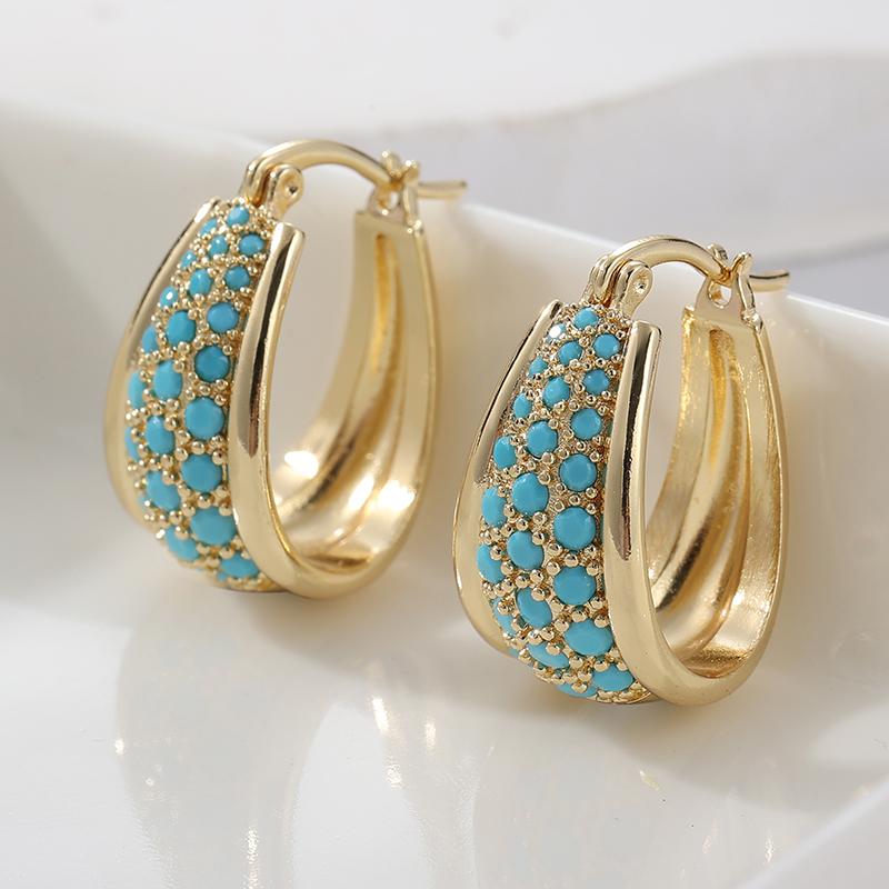 Женские винтажные серьги-кольца из меди с инкрустацией синтетической бирюзой, в богемном стиле, элегантный золотистый аксессуар