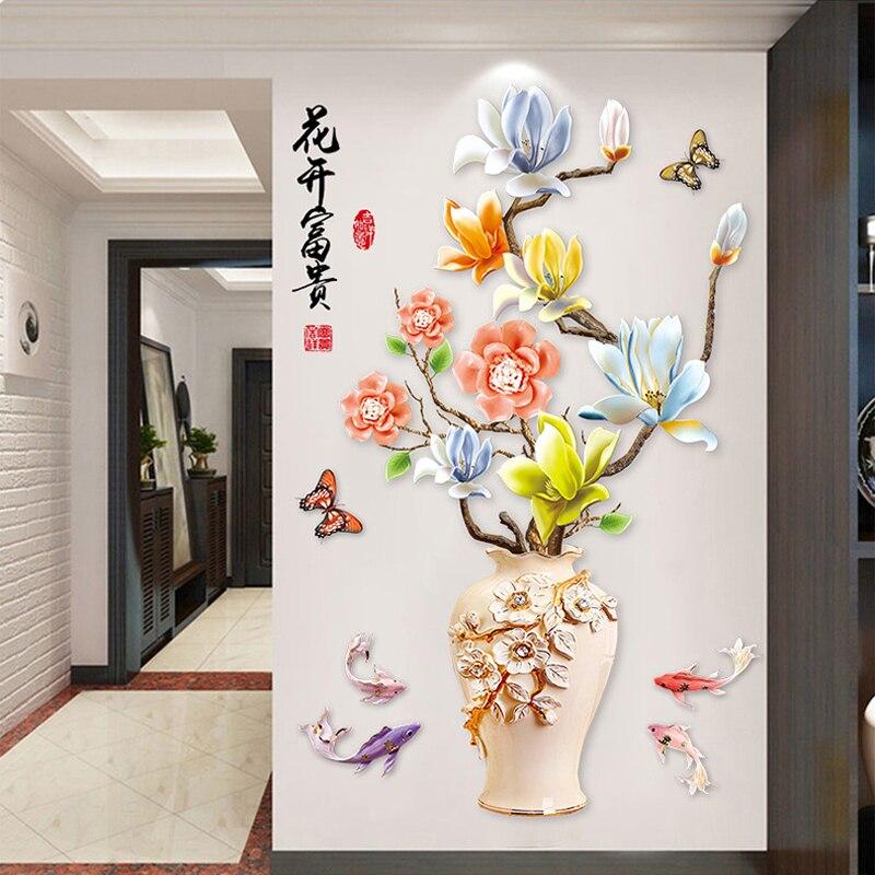 Chinese Style Classical Vase Flower Wall Sticker Rose Lotus Butterfly Decoration Decals Removable Wall Art Home Decor