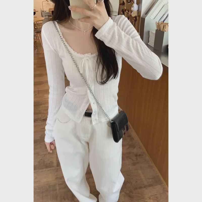 Футболка-кардиган с длинным рукавом и французским кружевом - женская весенняя коллекция