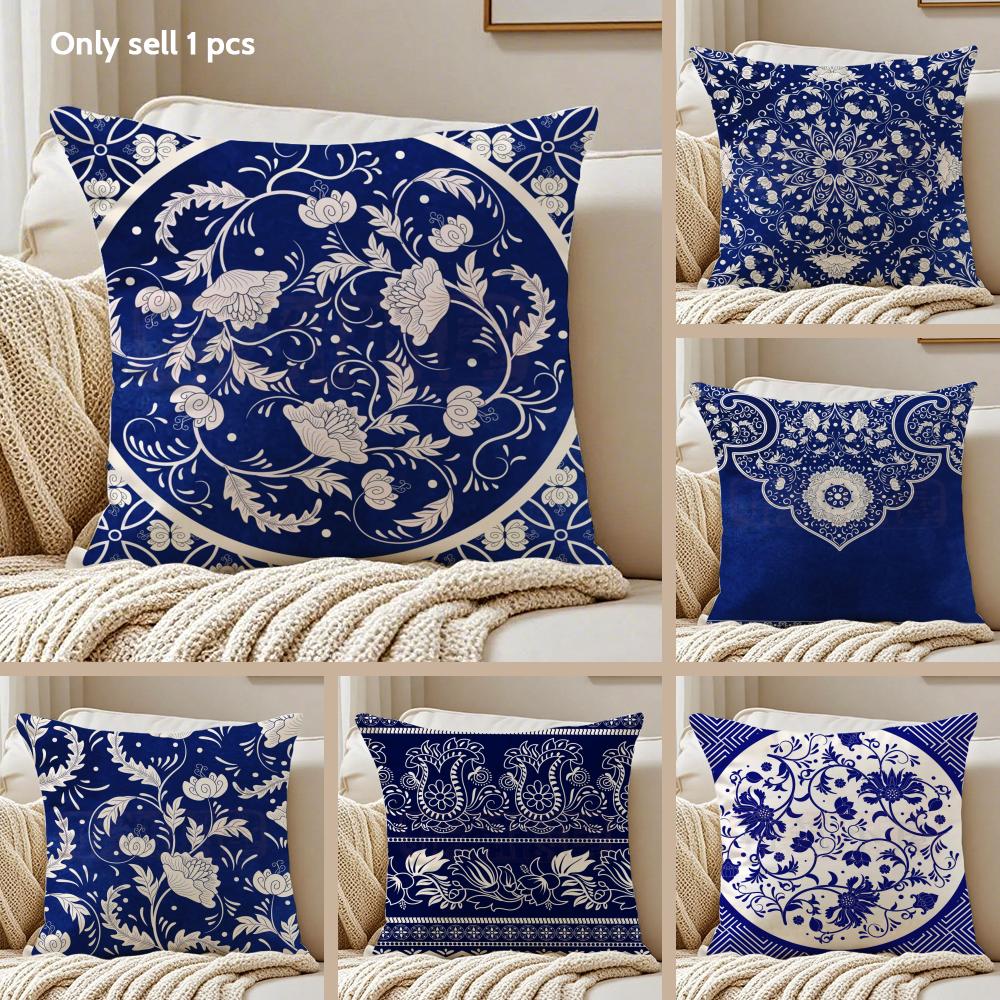 Ethnic style blue floral Cushion Cover Silky Short Plush Sofa Pillow Cover Hidden Zipper Soft Dustproof Case for Home Decor