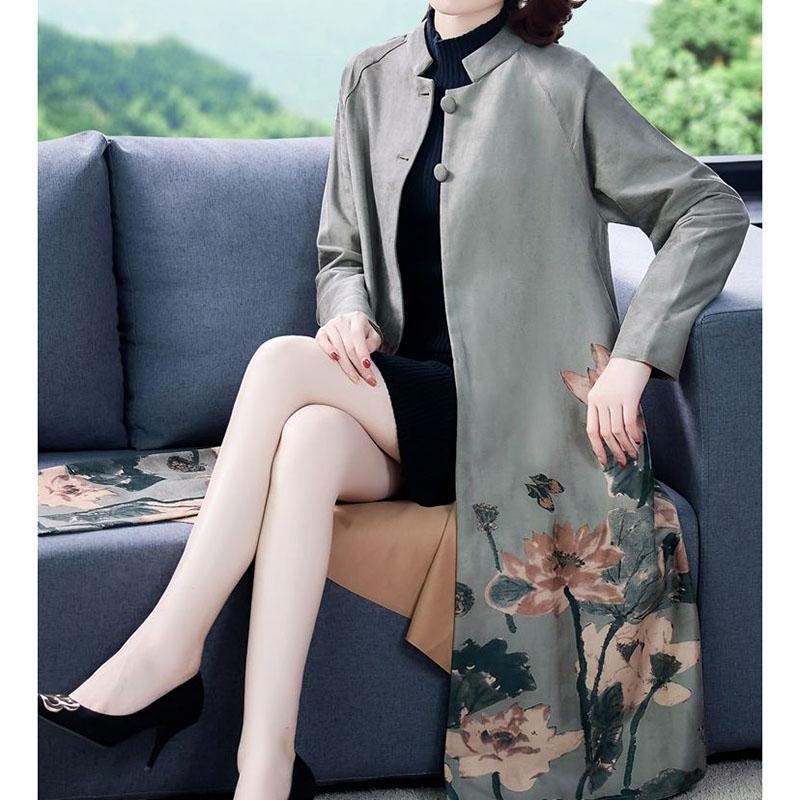 Deerskin Velvet Lace Long Windbreaker Jacket Autumn and Winter National Wind Women's Clothing